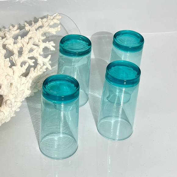 Aqua Blue Glass Tumblers / Tropical Cocktail Glasses Set of 4 - Picture 3 of 12